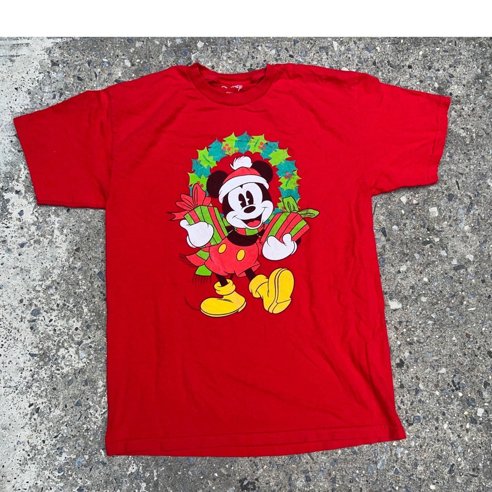 Disney Mickey Mouse Christmas Holiday Red T-Shirt Santa Hat Large RN0100520